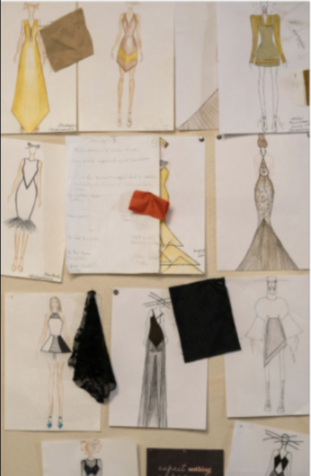 Fashion design mood board with sketches and fabric swatches