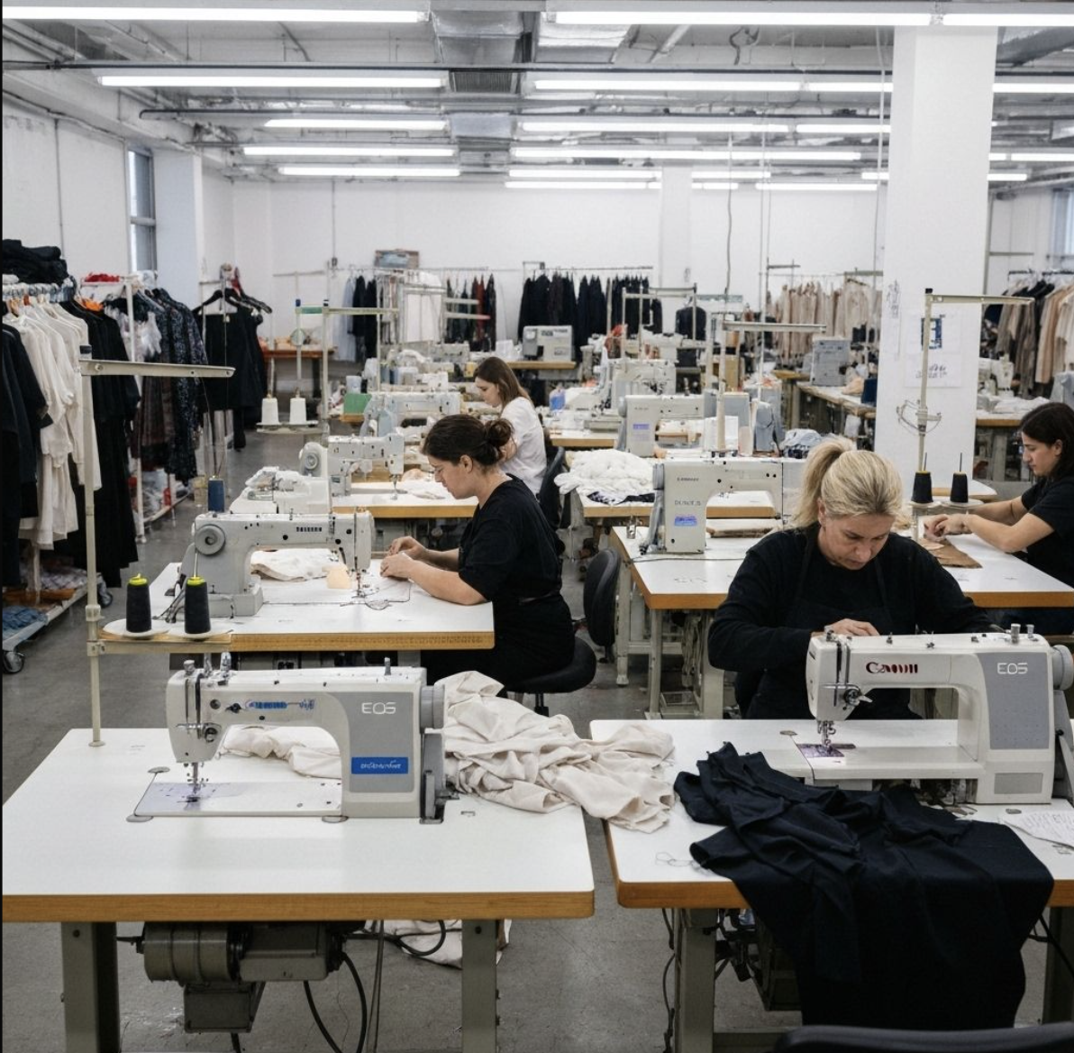 Manufacturing facility with workers at sewing machines